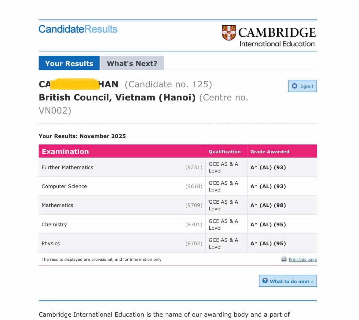 Phan Cao Điềm đạt 5A* Cambridge A level 2025/2026
