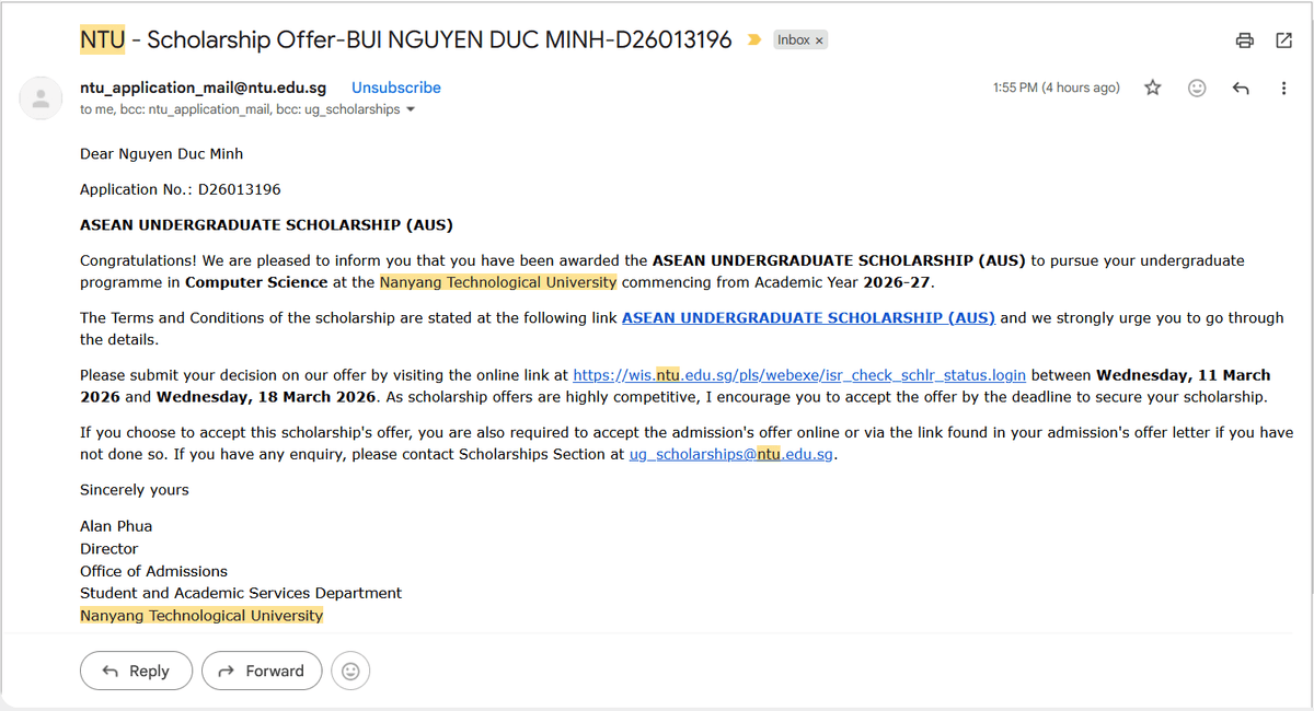 Thư báo cấp học bổng từ NTU gửi cho Đức Minh